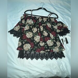 Floral Off-Shoulder Top with Lace Trim